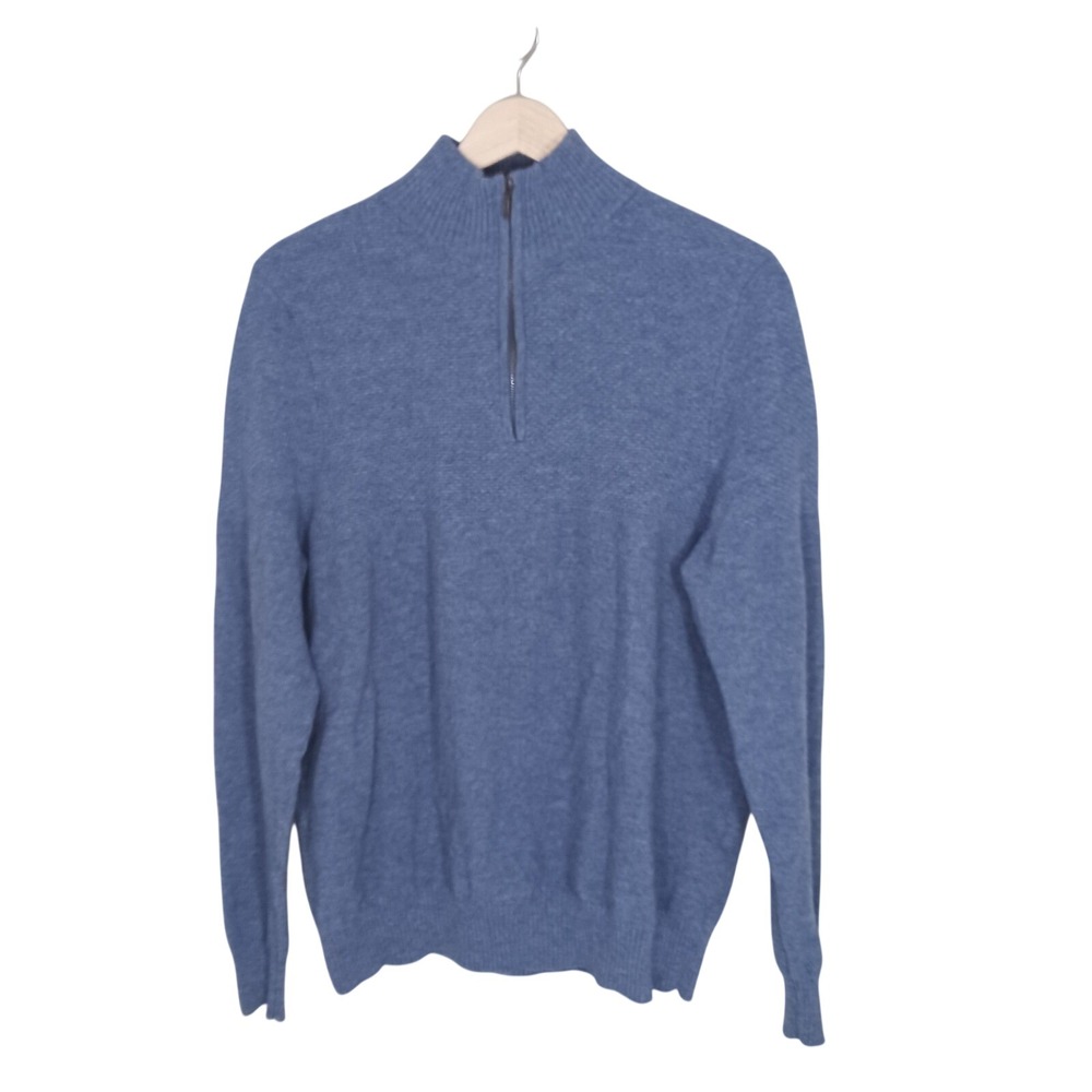 Woolovers 100% Merino Wool Quarter Zip Sweater Blue Pullover Mens Large Knit Top